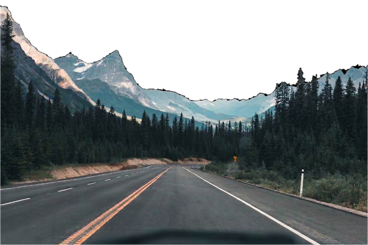 Bergstraße in Kanada, Himmel bewusst transparent freigestellt — Symbolbild, nicht die tatsächliche Route