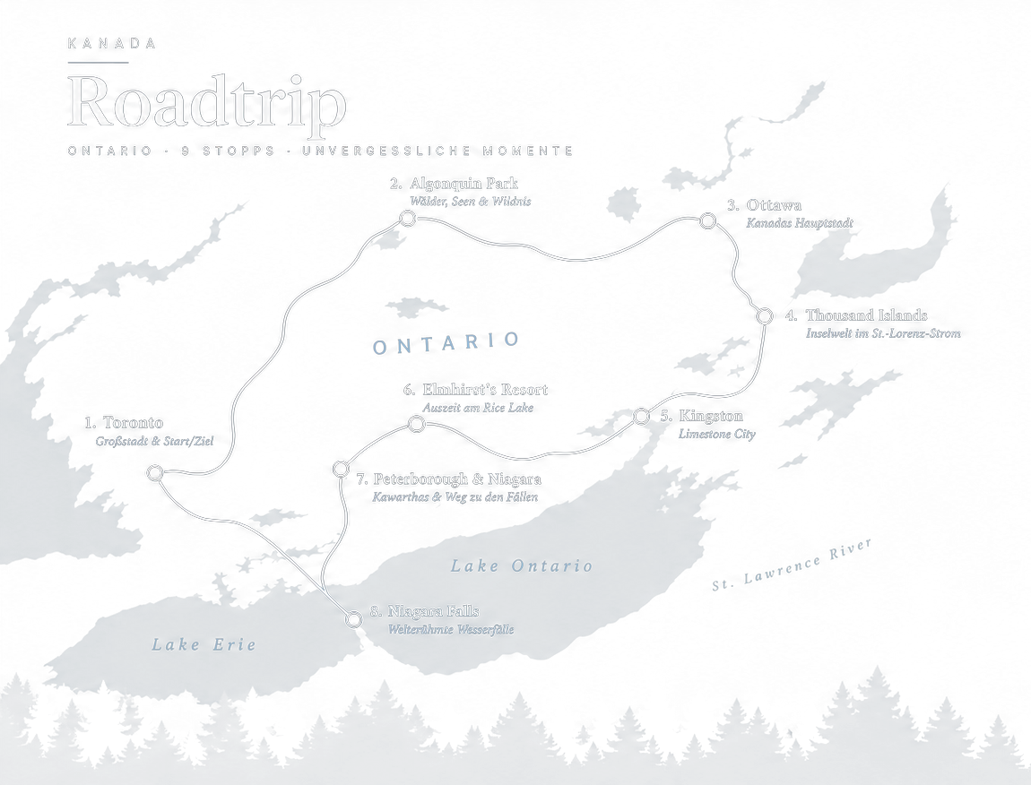 Routengrafik Kanada Roadtrip: Ontario mit den Stationen Toronto, Algonquin Park, Ottawa, Thousand Islands, Kingston, Elmhirst's Resort, Peterborough & Niagara, Niagara Falls